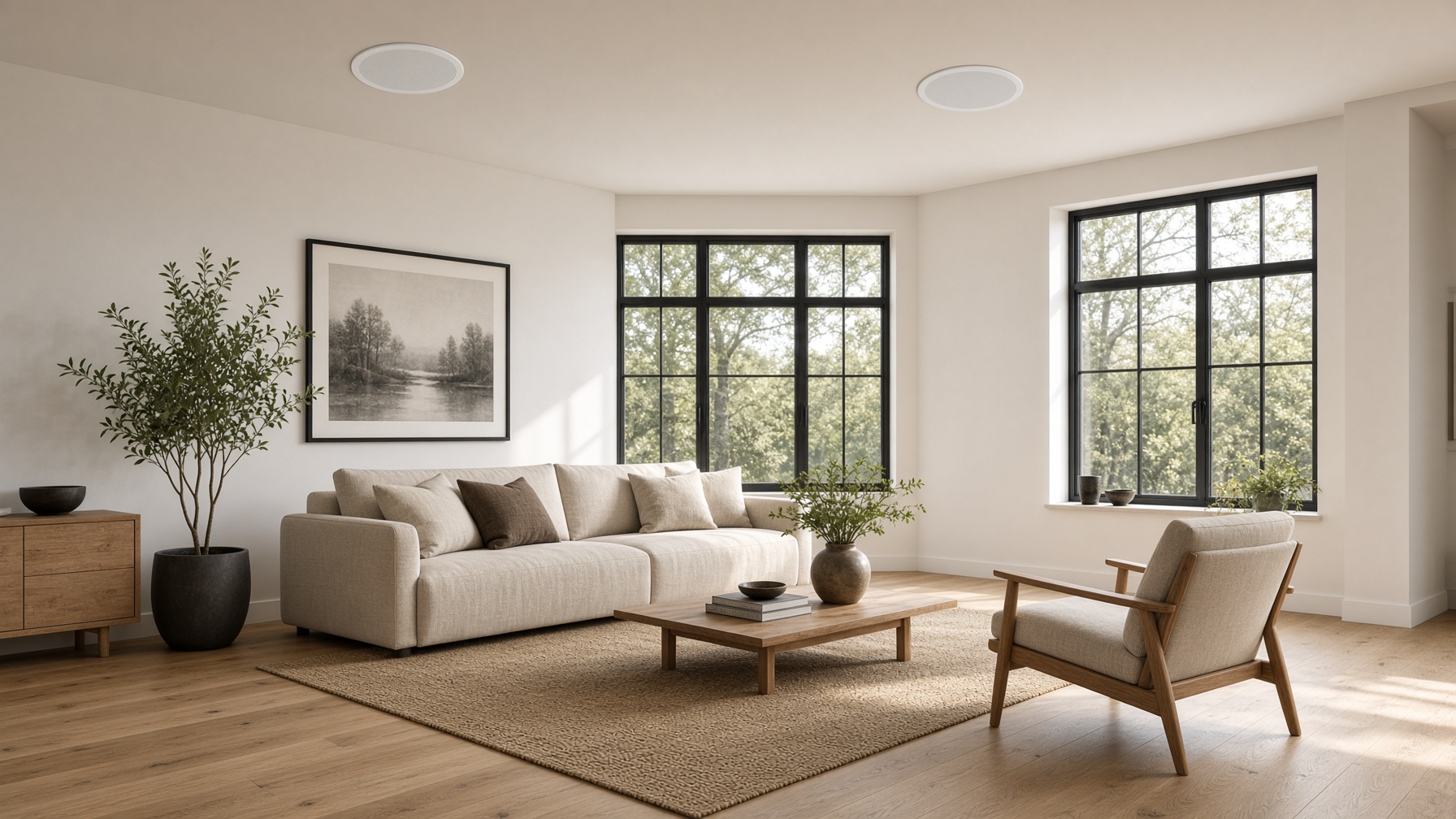 Modern living room with flush white in-ceiling speakers