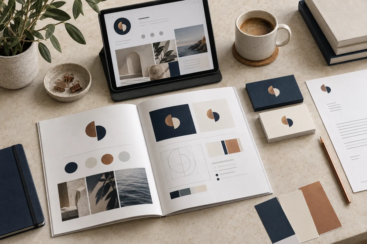 Illustrative brand toolkit with a logo, color palette, business cards, and digital layout arranged on a real desk