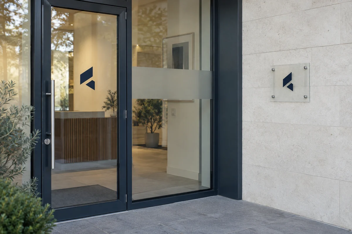 Illustrative storefront with a realistically sized vinyl door logo, frosted window decal, and acrylic wall sign fixed with four metal standoffs