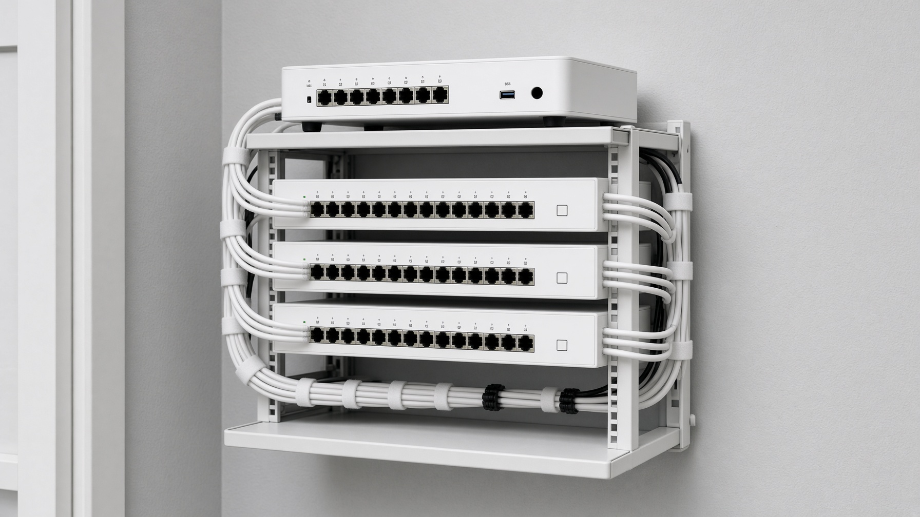 White switching and dressed cabling in a finished low-voltage closet