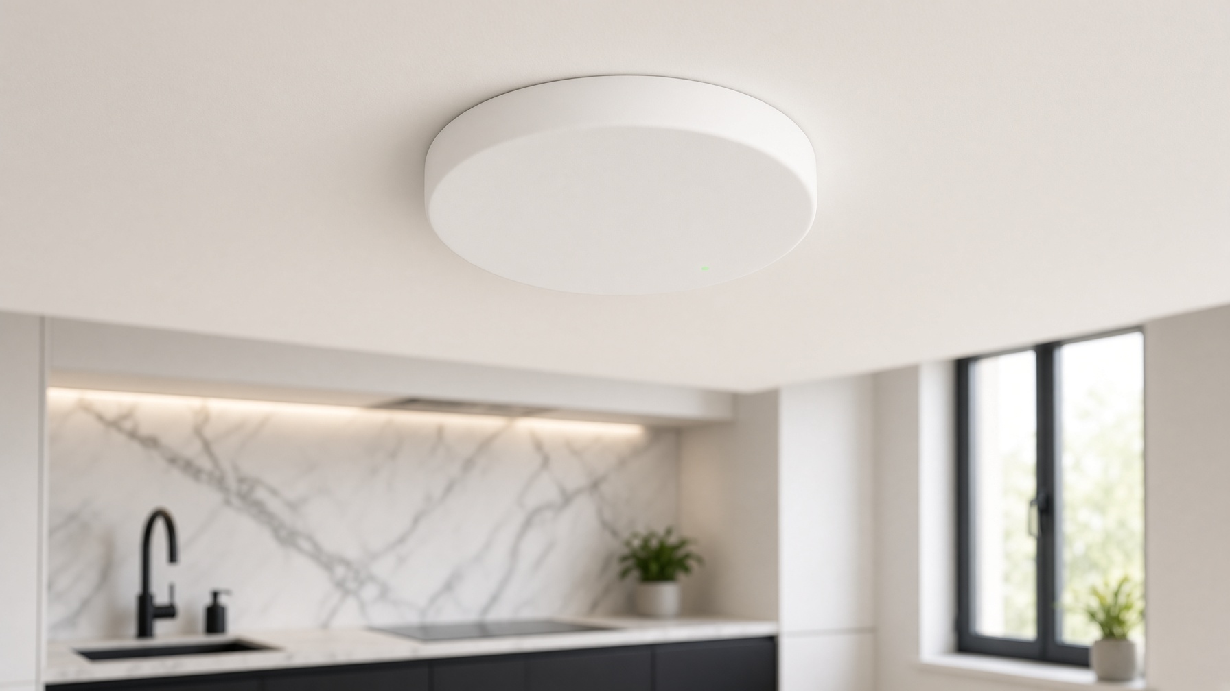 White smart smoke detector on a kitchen ceiling