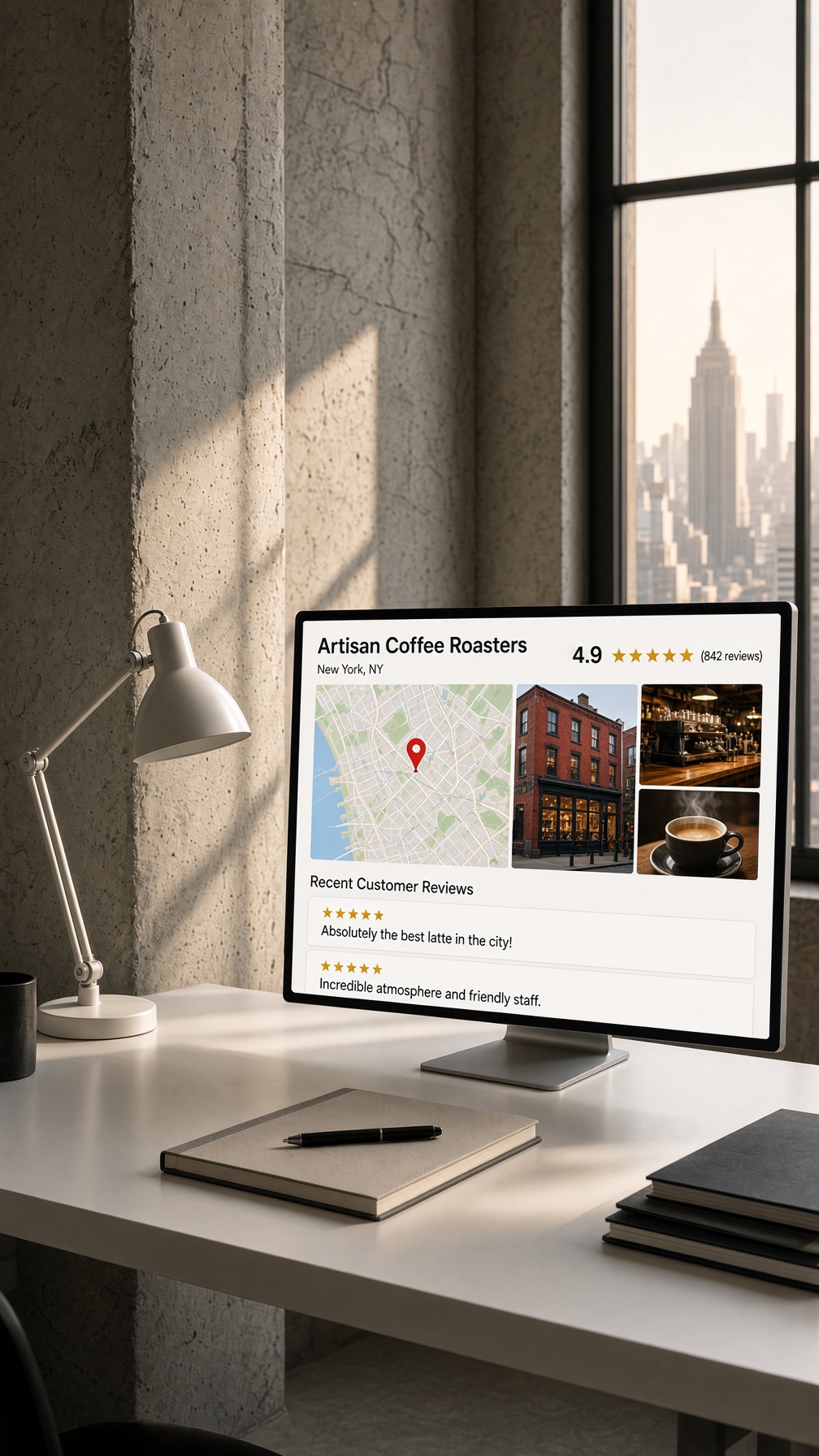 Studio monitor showing a local business profile with five-star ratings