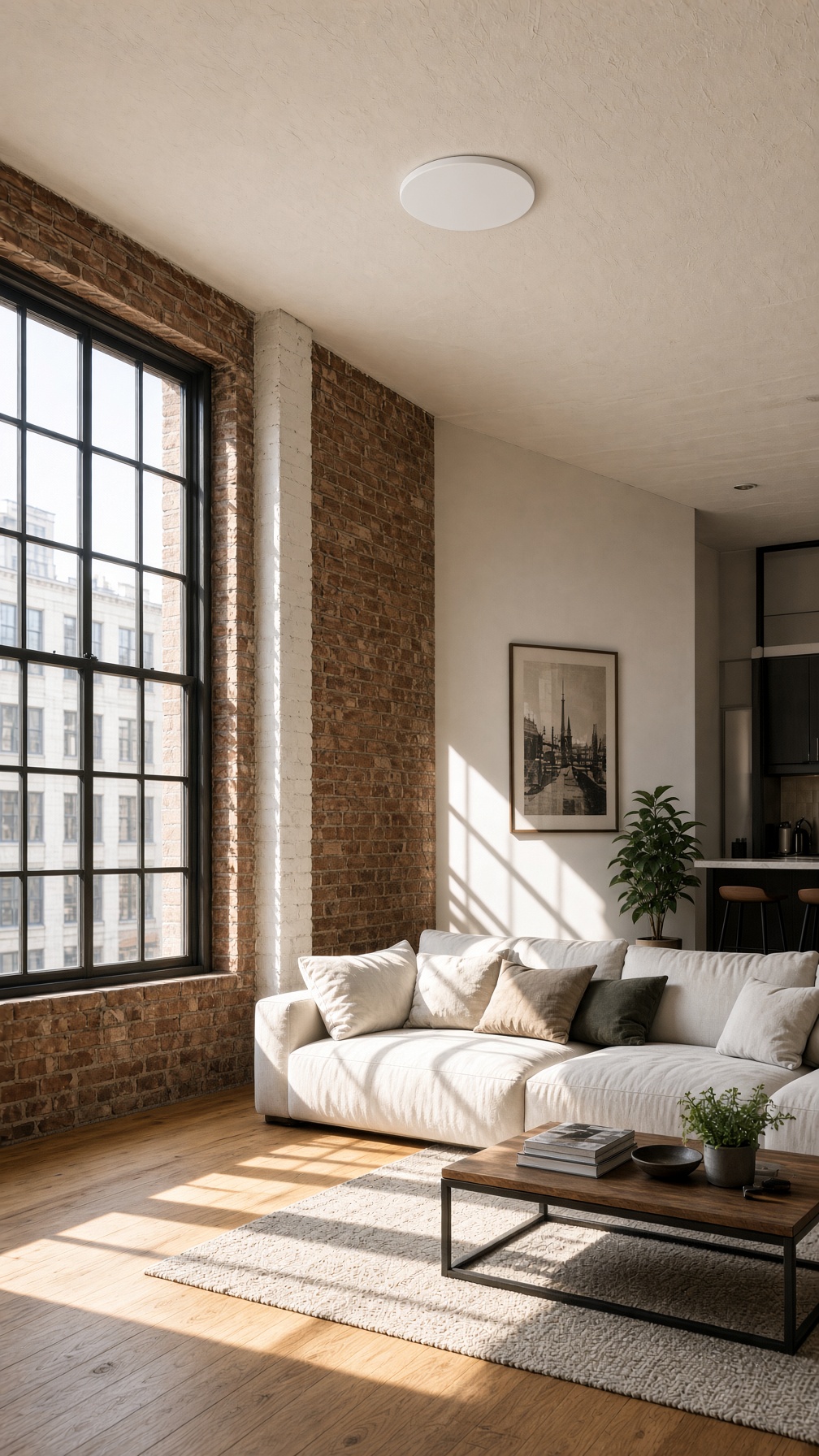 White ceiling access point in a sunlit loft living room