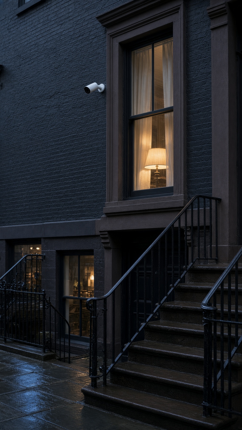 Matte white security camera on a brick New York townhouse at dusk