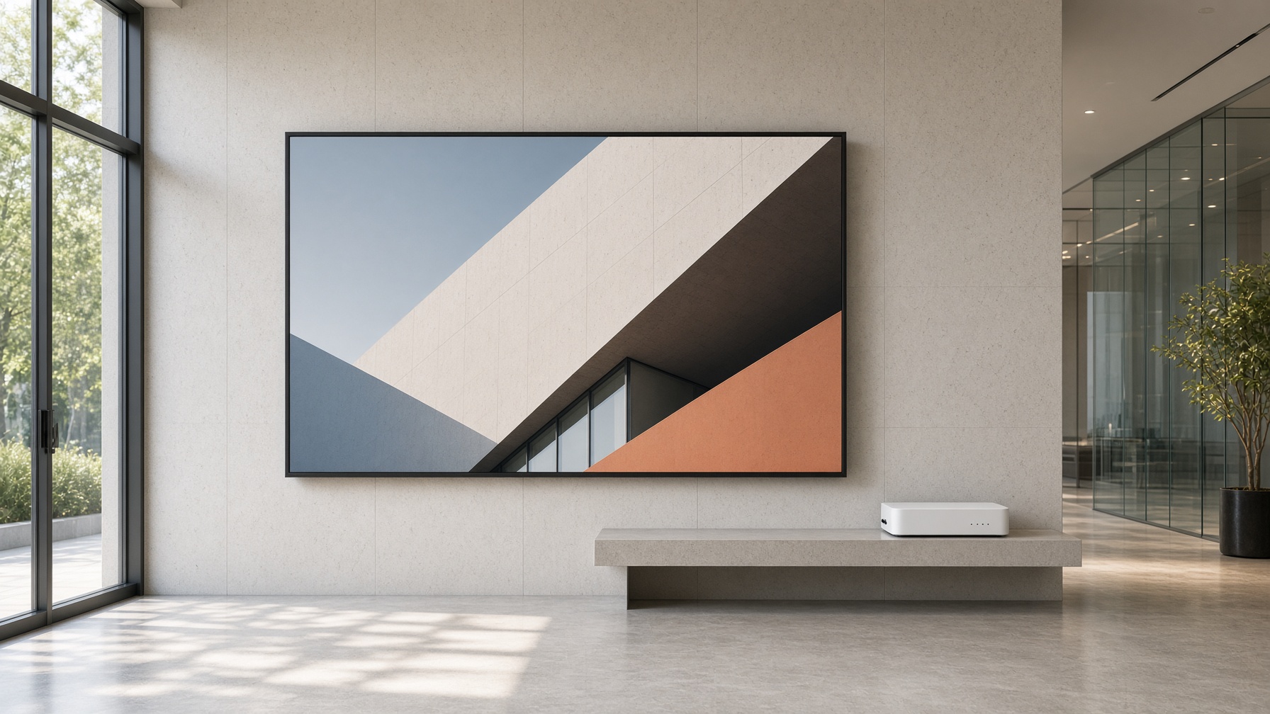 Quiet lobby with a large wall display and stone finishes