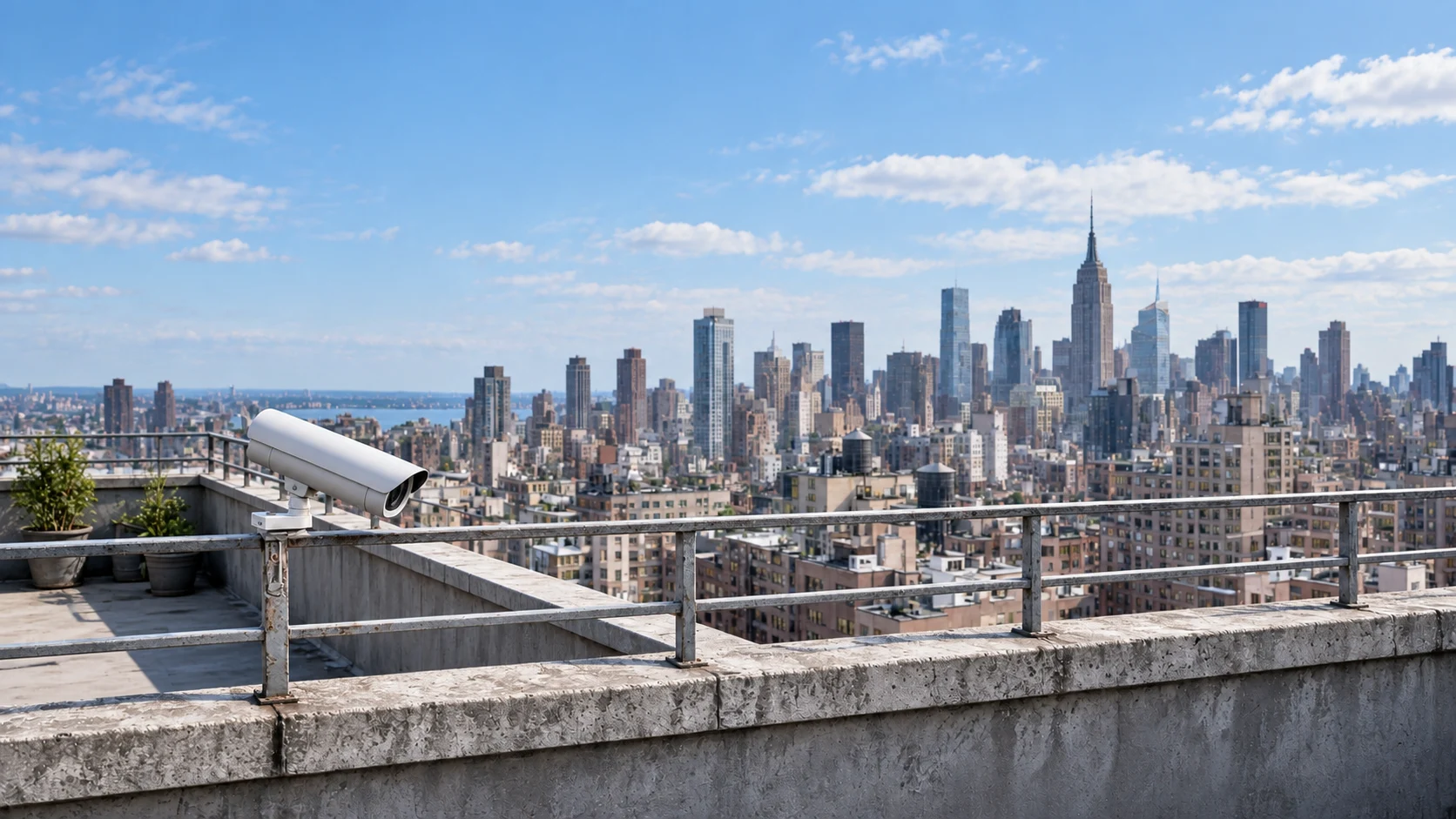 Illustrative daytime view across the New York skyline from a rooftop with a security camera