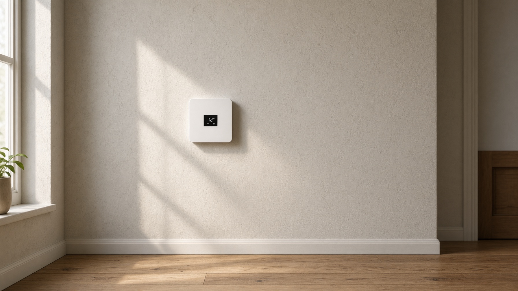 Thin white smart thermostat on a sunlit plaster wall