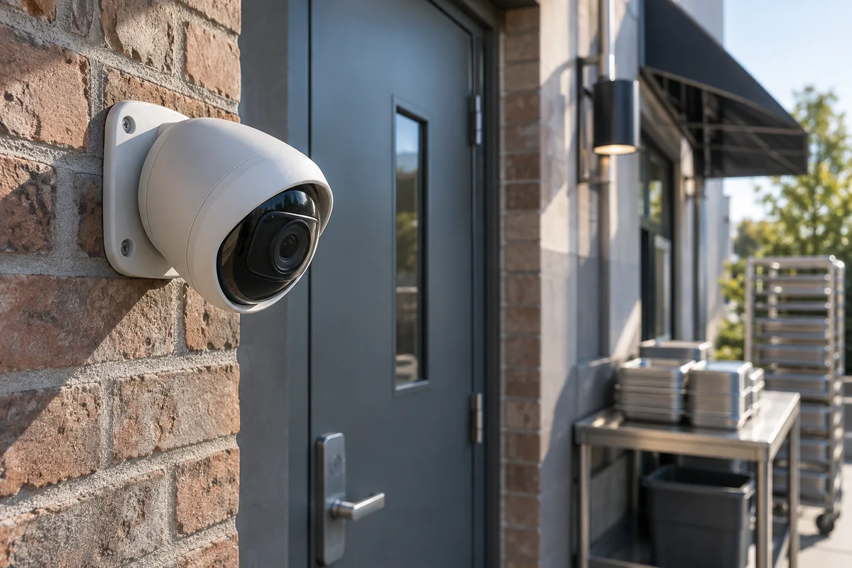 Illustrative exterior camera attached by rear mount to brick beside a restaurant service entrance