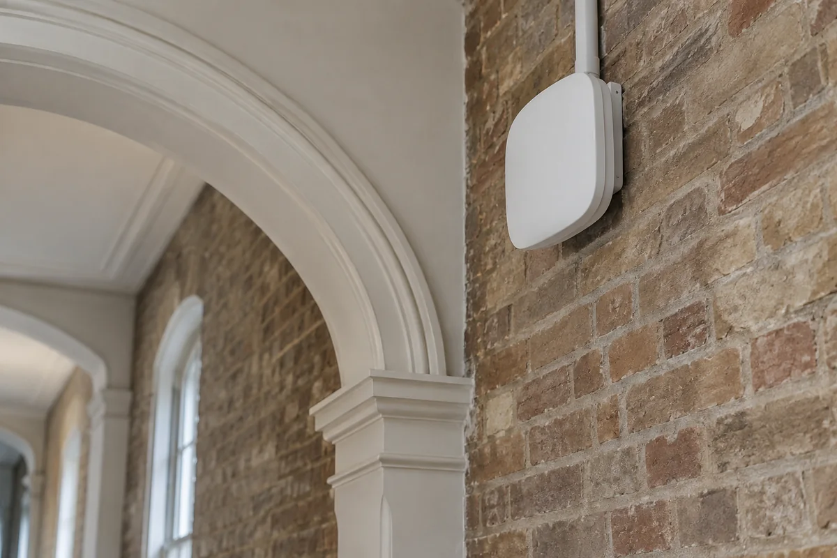 Illustrative an access point mounted high in an older brick hallway with pale plaster detailing