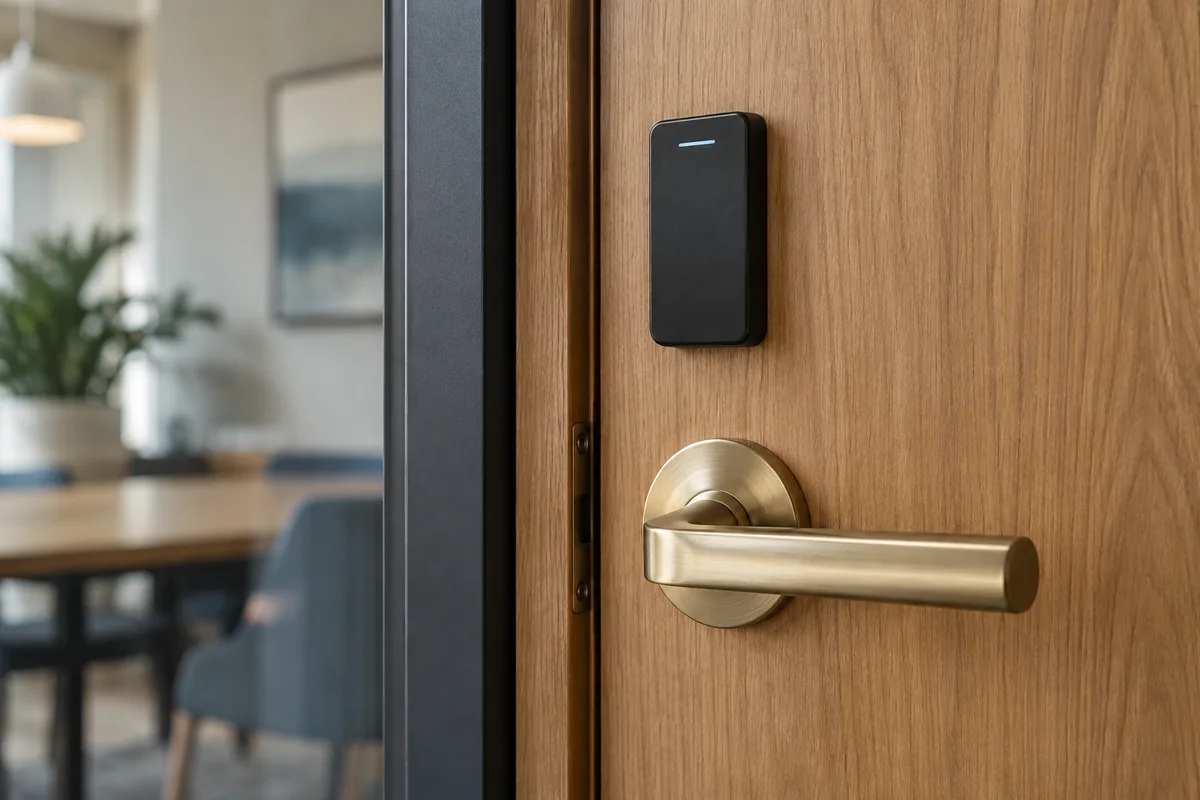 Illustrative a brass door lever and black access reader at a warm timber office entrance