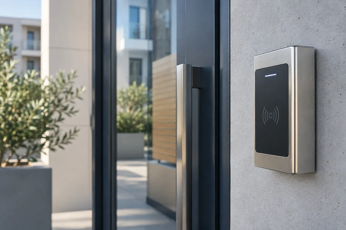 Illustrative brushed metal door reader beside a contemporary apartment entrance with soft daylight