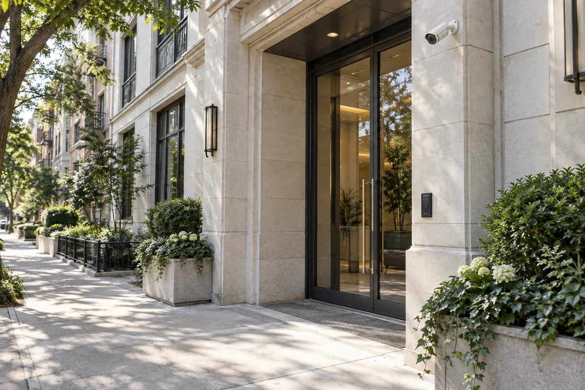 Illustrative New York building entrance with a correctly mounted camera and access reader