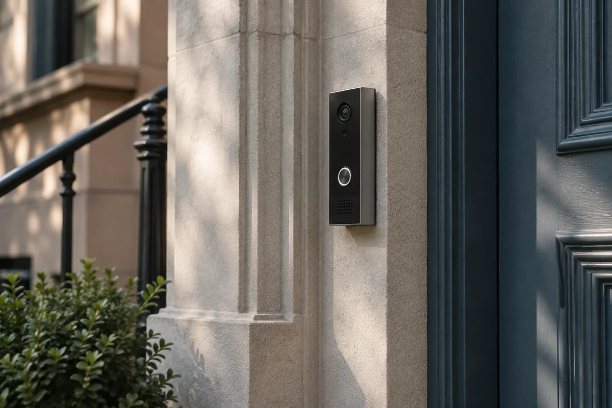 Illustrative a compact video intercom on a Brooklyn townhouse stone jamb