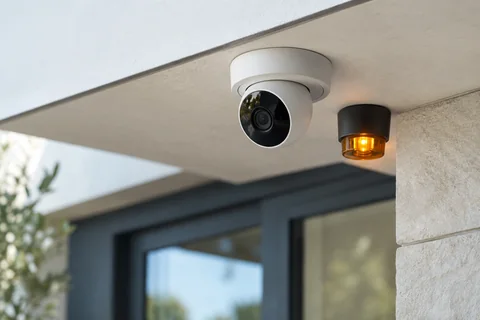Illustrative a compact outdoor security camera and subtle amber warning light mounted under an entry canopy in bright daytime
