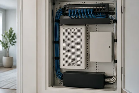 Illustrative a compact structured wiring cabinet recessed in an apartment utility wall