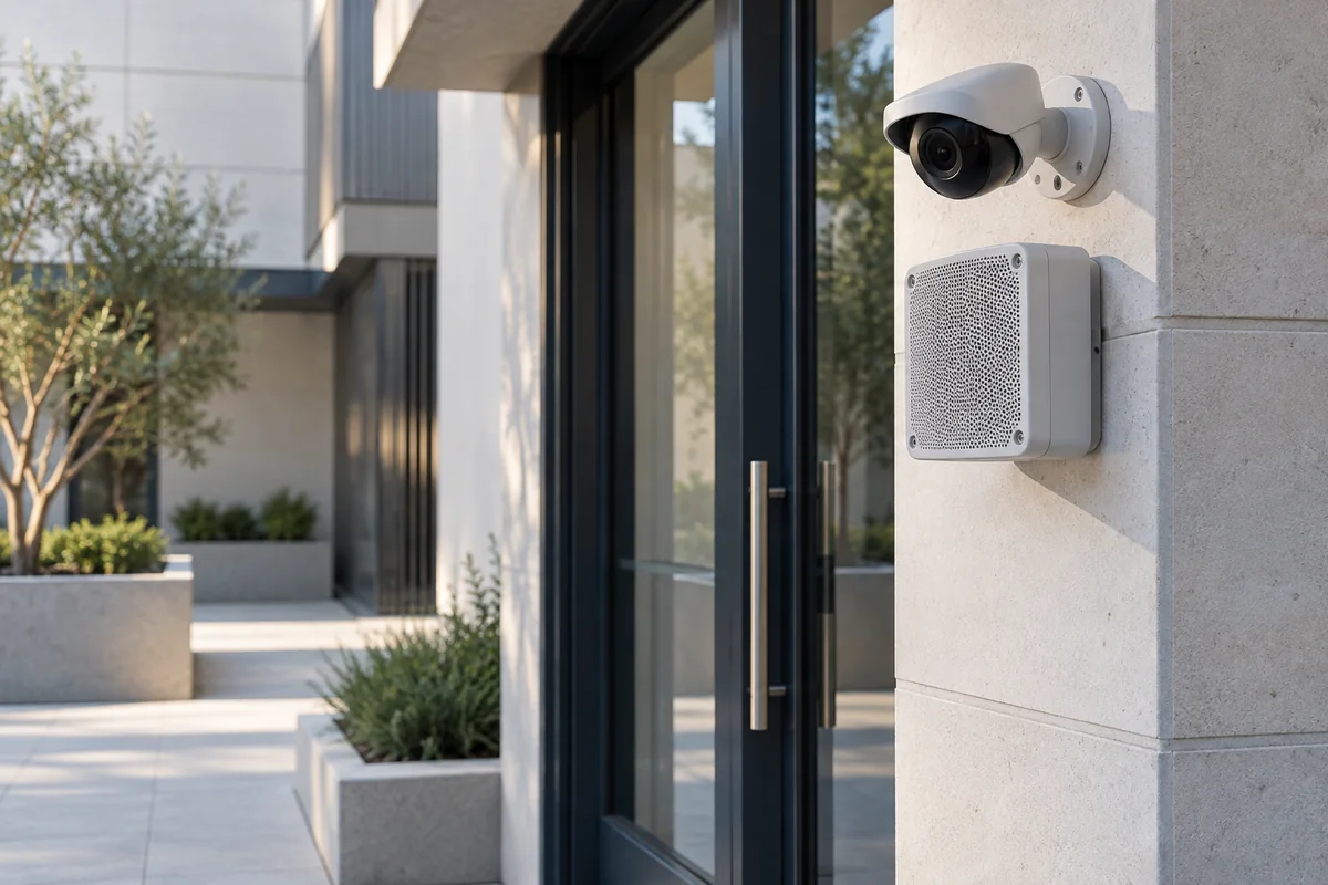 Illustrative an architectural service entry with a small wall-mounted security speaker and camera