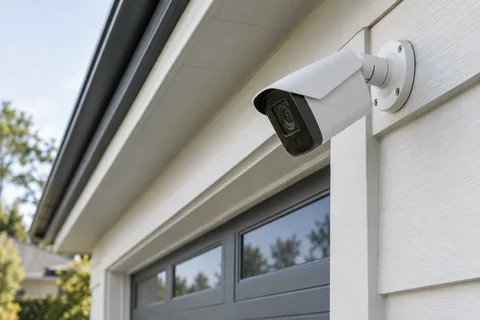 Illustrative a white bullet camera rear-mounted high on a pale garage exterior