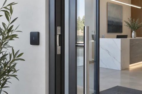 Illustrative a minimalist reception entry with glazed door