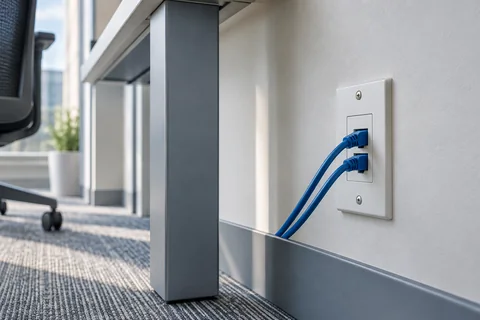Illustrative a crisp network outlet plate beside a clean office desk leg
