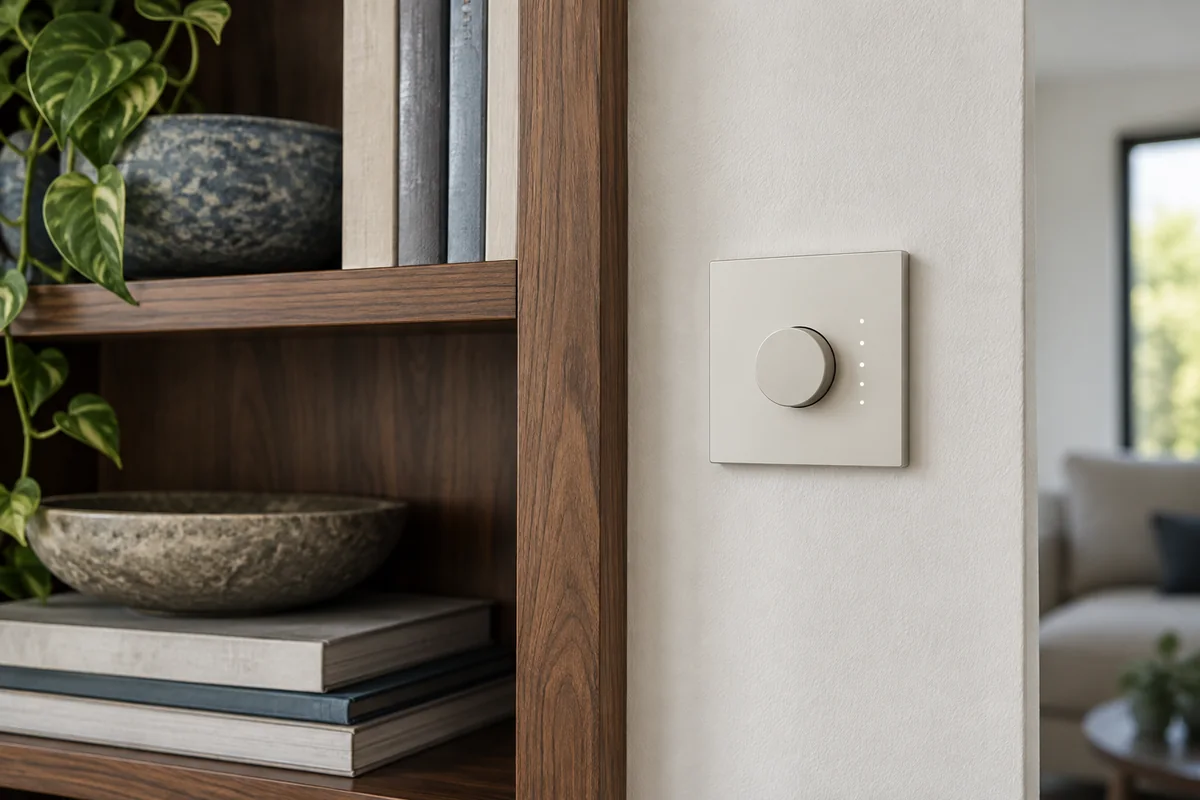 Illustrative a small tactile wall control beside a walnut bookshelf