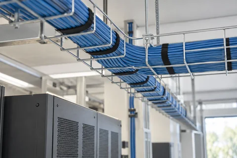 Illustrative bundled blue low-voltage cabling following a neat tray overhead in a bright equipment room