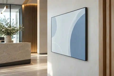 Illustrative a slim wall display in an airy reception area showing a clean abstract information layout without text