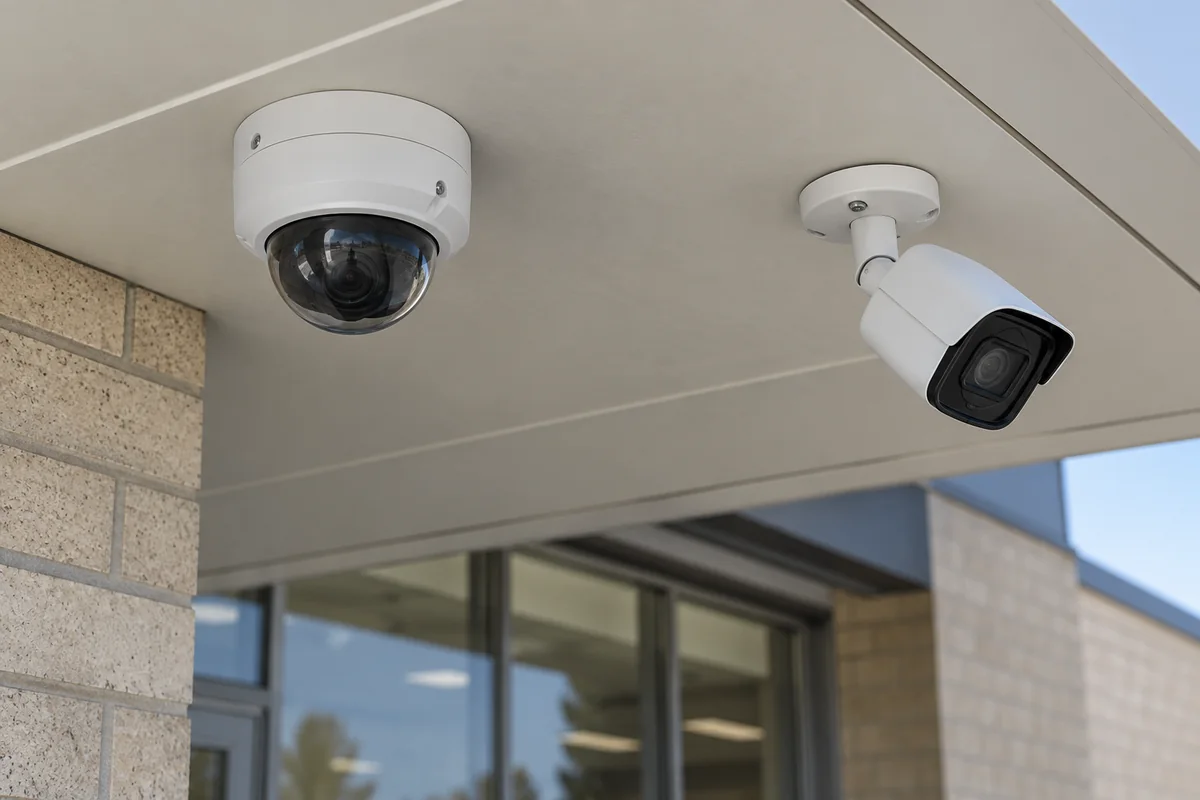 Illustrative two separate cameras mounted under a school entrance canopy