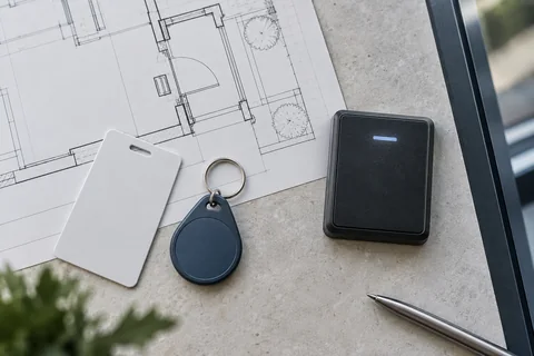 Illustrative overhead flat lay of two access credentials