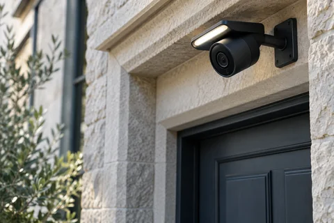 Illustrative a close-up outdoor camera with correctly rear-mounted bracket and integrated light bar above a stone doorway