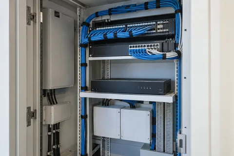 Illustrative a wide view of a clean office communications cupboard