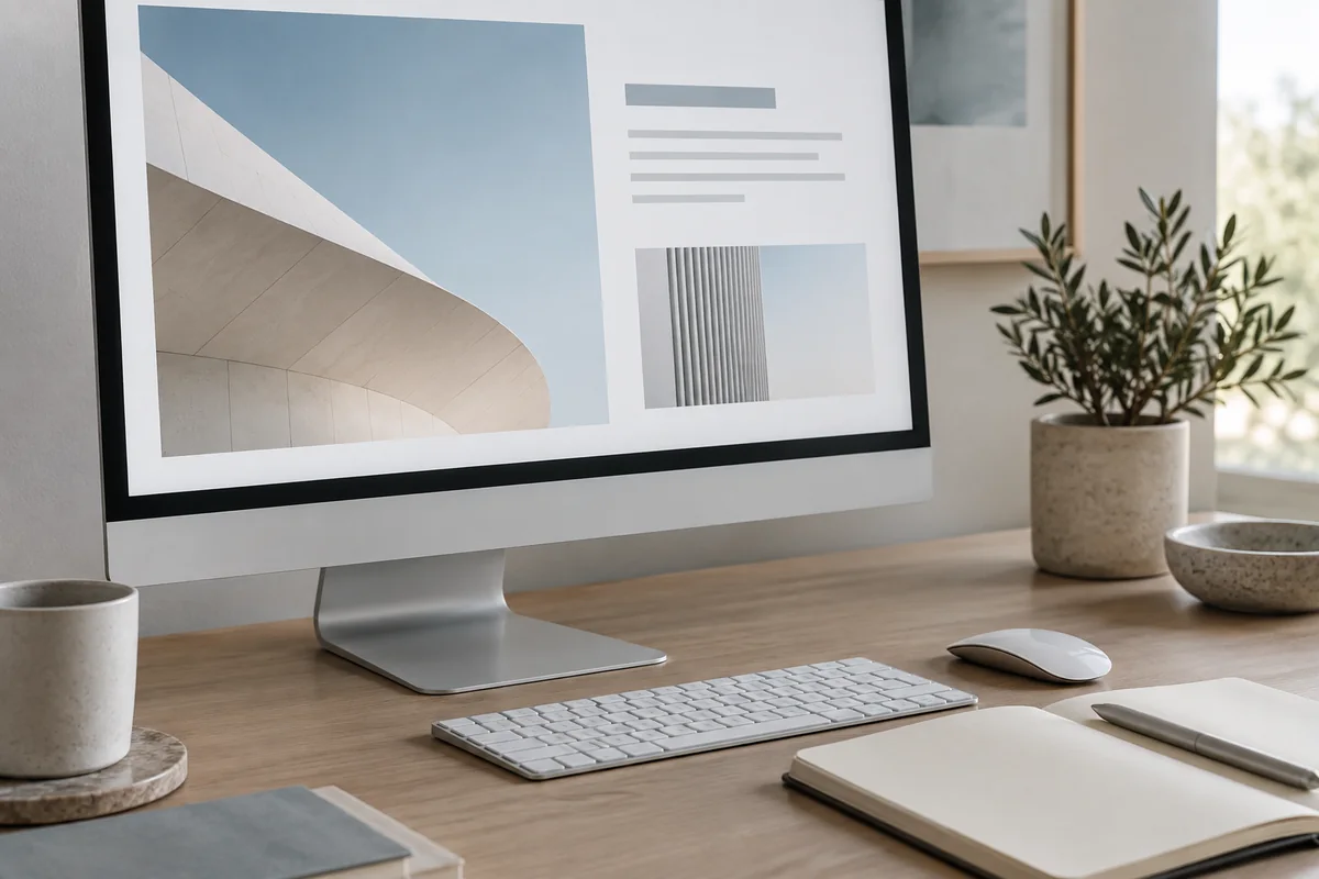 Illustrative a slim desktop display with an abstract editorial website layout beside a cream notebook