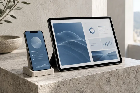 Illustrative a tablet and phone presenting different abstract blue interface layouts on a stone plinth