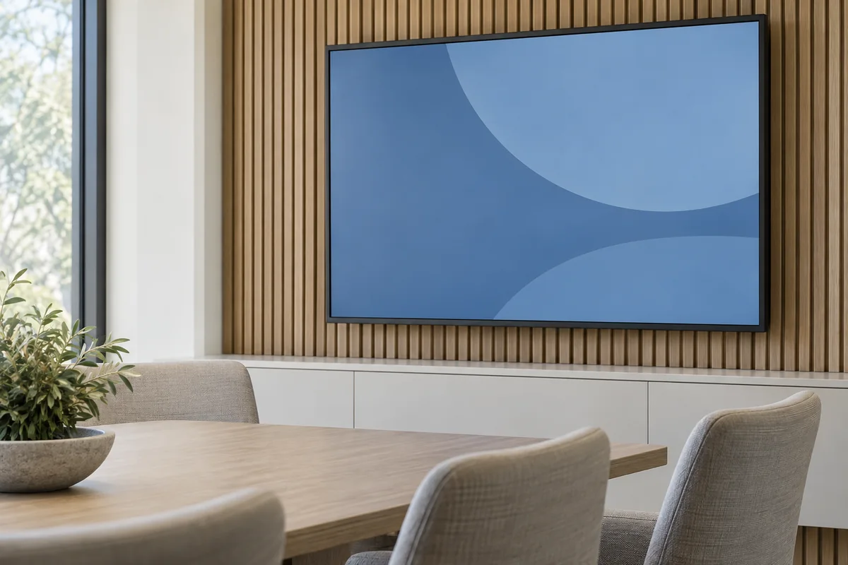 Illustrative a framed landscape screen in a meeting room with a simple blue presentation shape