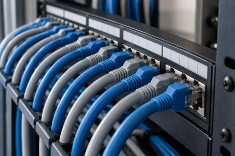 Illustrative a network patch panel viewed from an oblique angle with alternating blue and gray cords