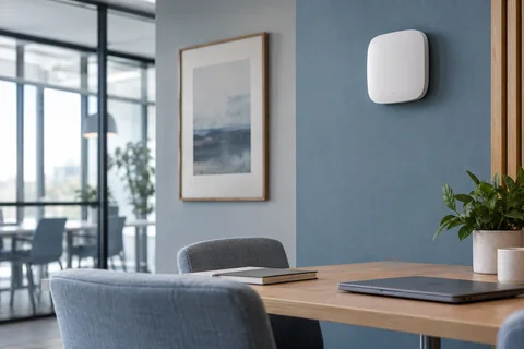 Illustrative a wall-mounted wireless access point above a shared workspace
