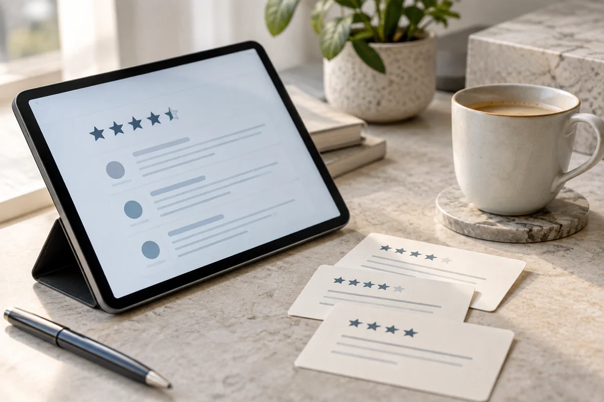 Illustrative a tablet with tasteful unlabelled customer feedback cards beside a pale ceramic coffee cup