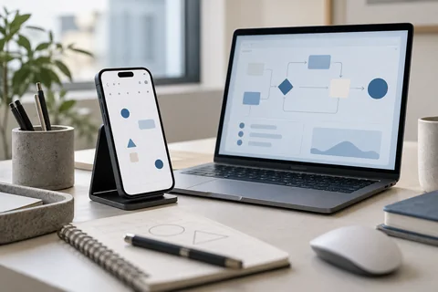 Illustrative an app designer desk with phone showing a simple calendar UI of shapes and a laptop showing a workflow