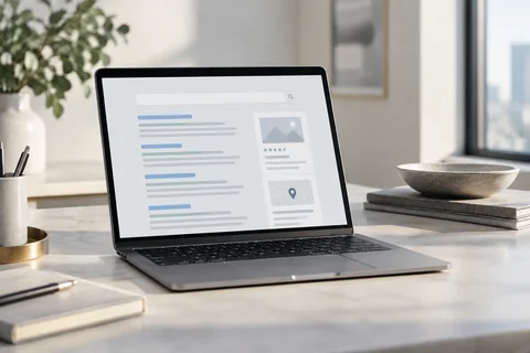 Illustrative a laptop displaying a refined abstract search-results layout on a bright pale desk