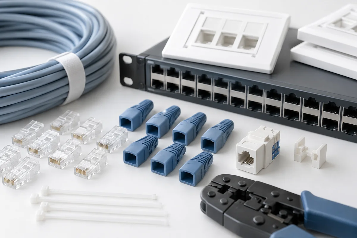 Illustrative a network technician workbench with unused organized connectors