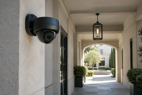 Illustrative a black compact camera beneath a covered courtyard passage