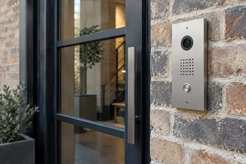 Illustrative a satin aluminum intercom beside an industrial loft entry