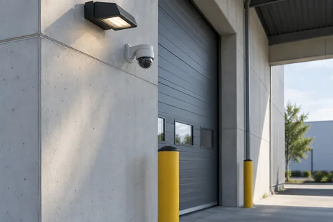 Illustrative a quiet loading entrance with discreet security light and camera