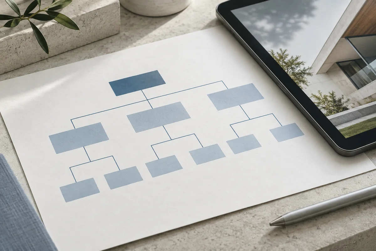 Illustrative an overhead printed site structure chart with thin blue connecting lines beside a tablet