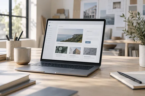 Illustrative a laptop on a sunlit shared studio desk showing a simple content-management interface made of clean blocks