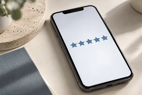 Illustrative a smartphone displaying a simple five-star review interface without any text