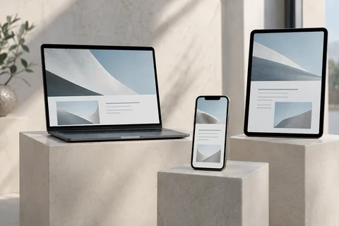 Illustrative three devices on separate pale plinths displaying coordinated responsive abstract page compositions
