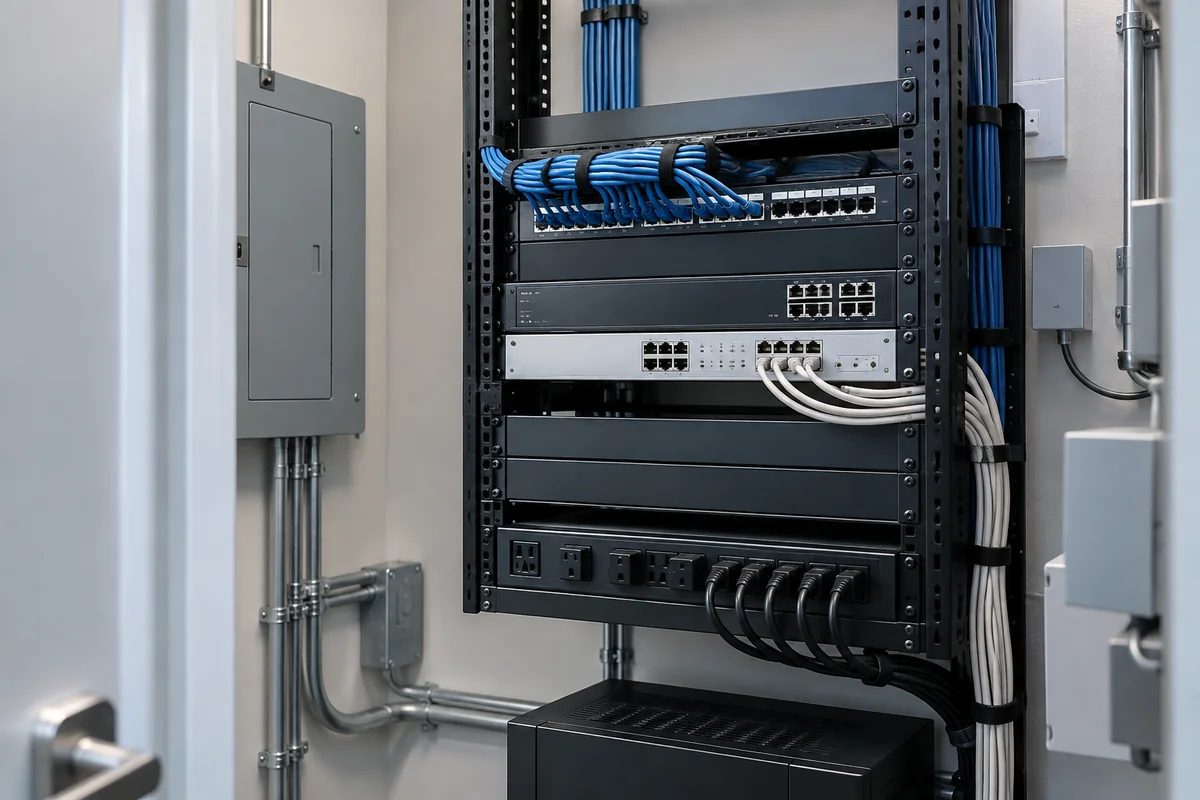 Illustrative a wall rack and power distribution arranged in a compact commercial utility closet