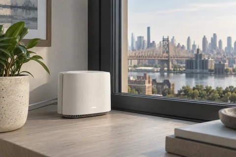 Illustrative a compact wireless gateway near a window overlooking Queens