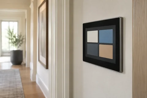 Illustrative a carefully installed wall touchscreen with simple unlabelled color blocks in a warm home hallway