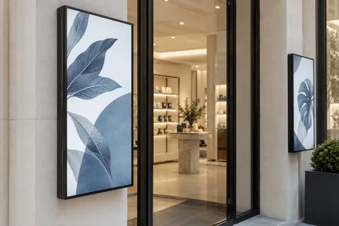 Illustrative two portrait digital signage displays in a modern shop entrance with abstract botanical shapes